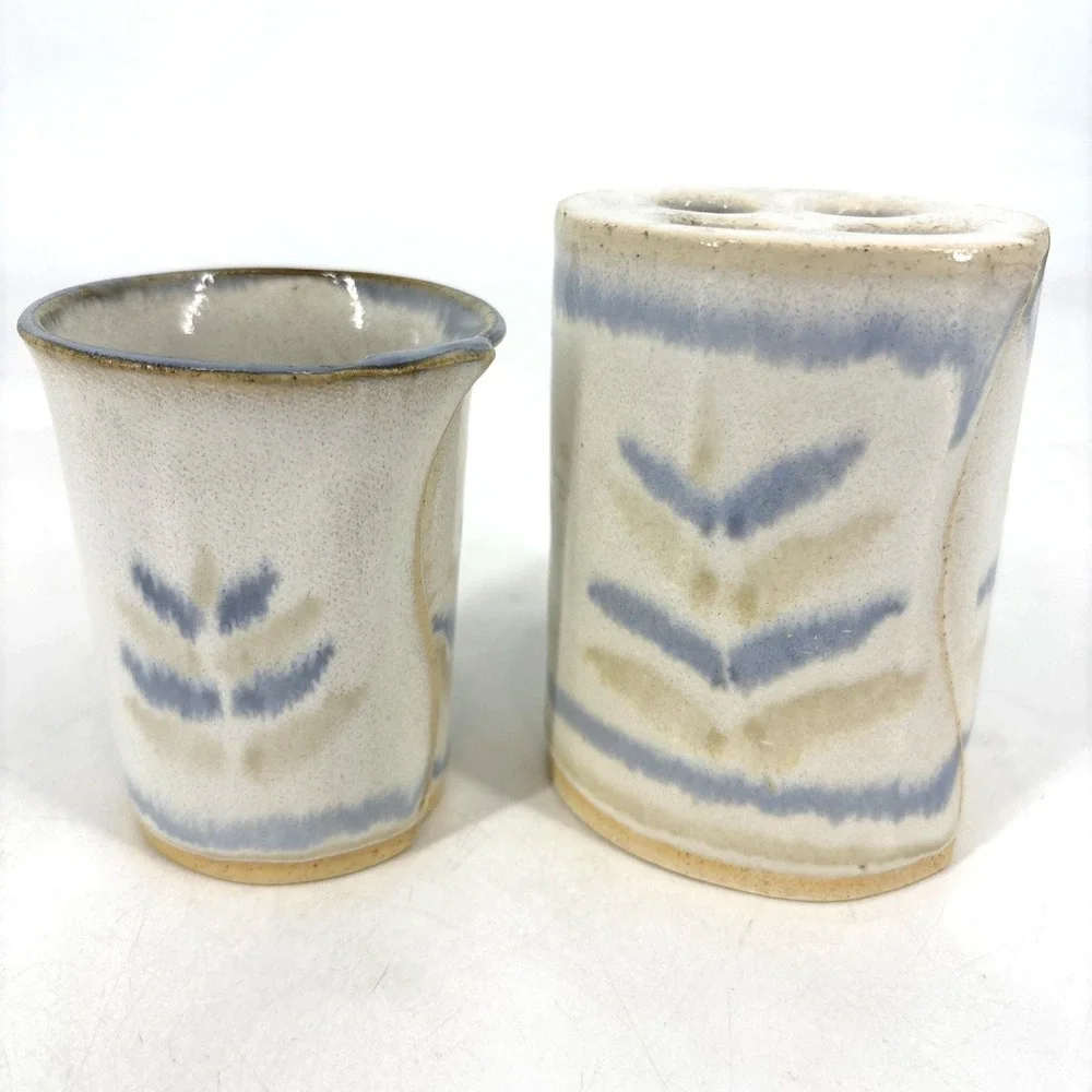 Handcrafted Bay Pottery Blue Tan Glaze Toothbrush Holder and Bathroom Water Cup